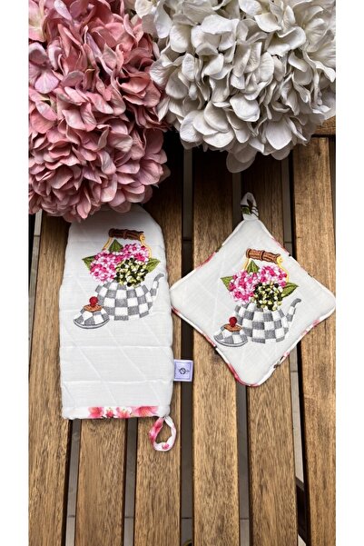 Çengelli İğne Eldiven Tutaç Kiraz Çiçeği Desenli