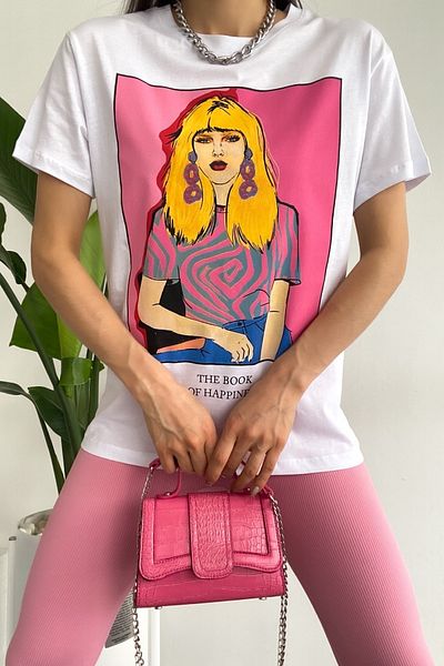 FEMELLE Women's White Crew Neck Printed 100% Cotton T-Shirt