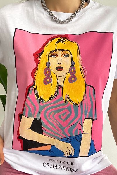 FEMELLE Women's White Crew Neck Printed 100% Cotton T-Shirt