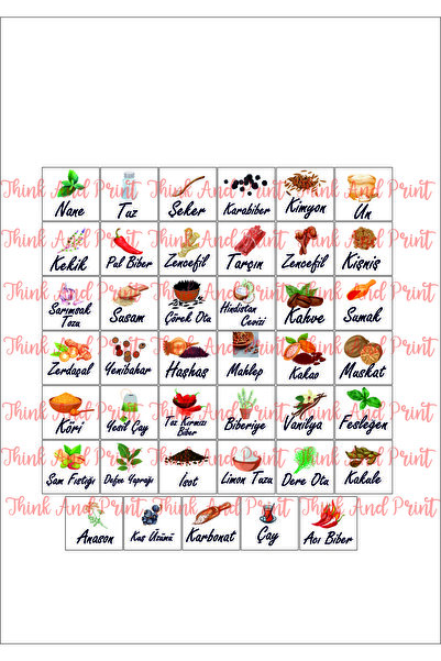 Think And Print 42 Adet Baharat Bakliyat Kavanoz Saklama Kabı  Resimli  Etike...