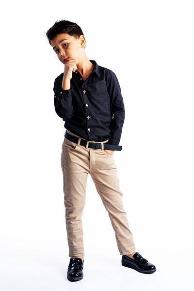 Terry Boy's Oxford Black Shirt with Belt Beige Trousers Suit-black-1-12 Years