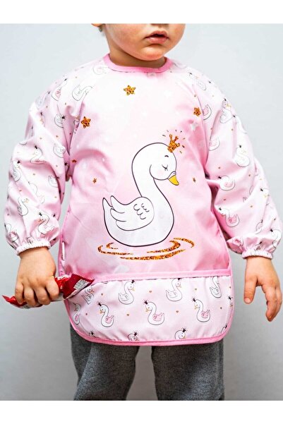dubi baby Pink Swan Patterned Baby Bib with Pockets and Sleeves