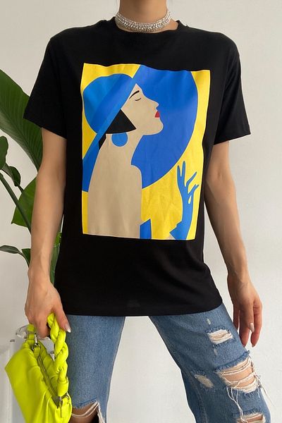 FEMELLE Tricou de damă negru cu gât cu imprimeu 100% bumbac