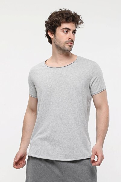 defys Ανδρικό μπλουζάκι με κοντό μανίκι με λαιμόκοψη καγιάκ, κανονική εφαρμογή, βασικό μπλουζάκι ΓΚΡΙ ΜΕΛΑΝΙ