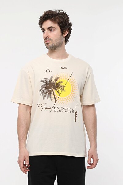 defys Muška okrugla kragna majica kratkih rukava Oversize kroj fit Štampano bež