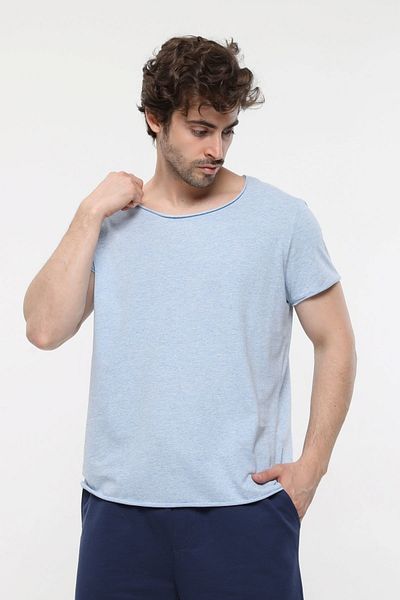defys Tricou pentru bărbați cu mânecă scurtă, cu gât de barcă, cu capătul urât, albastru Melange