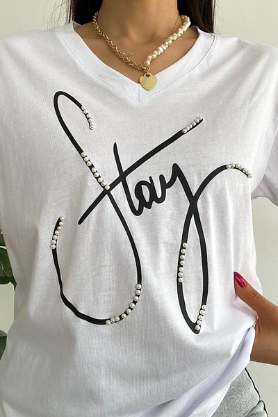 FEMELLE Women's White V-Neck Beaded Embroidered Cotton T-Shirt