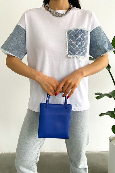 FEMELLE Women's White Embroidered 100% Cotton T-Shirt with Denim Detail on Sleeves and Pockets