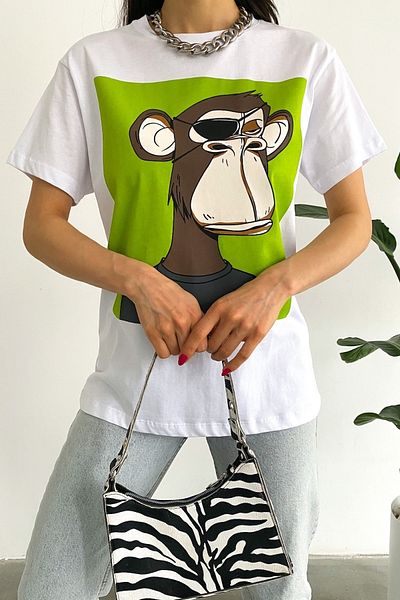 FEMELLE Tricou alb din bumbac imprimat cu decolteu rotund