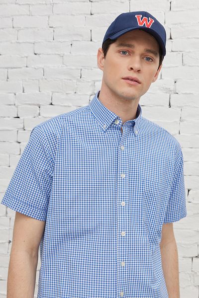 AC&Co / Altınyıldız Classics Men's Blue-white Comfort Fit Relaxed Cut Button Collar Cotton Gingham Short Sleeve Shirt