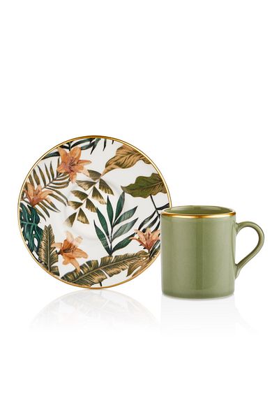 OMS PASLANMAZ 11129 - Narcissus - 12 Pieces - Porcelain Gold Net - Cup Set - Floral Emerald