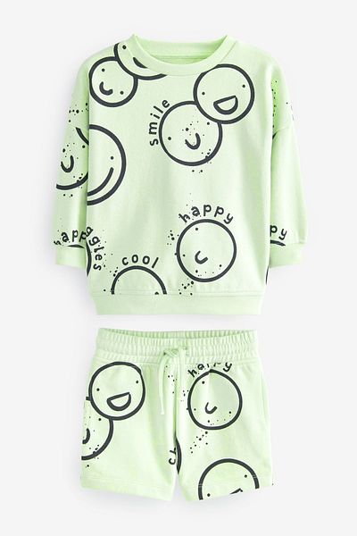 Next Baby Children's Cotton Smiling Face Printed Pastel Green Sweat Shorts Set