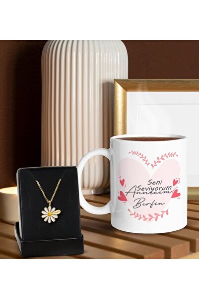 Bk Gift Kişiye Özel Isimli Anneler Günü Beyaz Kupa Ve Papatya Kolye Hediye Se...