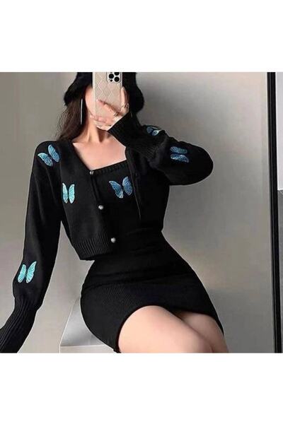 guller tekstil Hırkalı Elbise, Kelebek Desenli Elbise, Triko Elbise, Askılı E...