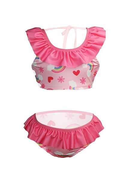 Rs Ramuni Girl's Swimsuit Ruffle Bikini Rainbow Patterned Digital Printed Sea Pool Swimsuit