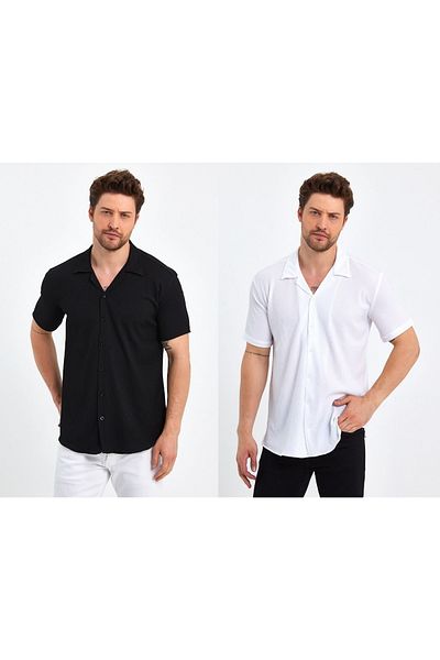 CLIPMAN Мъжка риза с къс ръкав Slim Fit, 2 броя, с щампа и щампа, ленена, с отворена яка, черно-бяла, 34 бр.