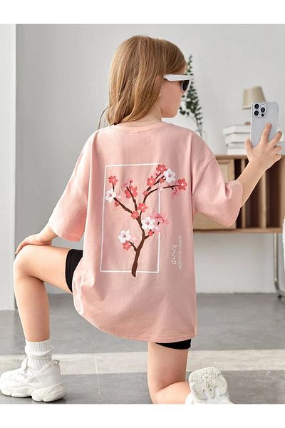 Machetta Übergroßes lachsfarbenes Kinder-T-Shirt mit Blumenbaum-Aufdruck auf der Rückseite