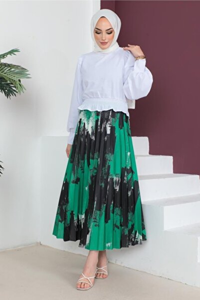 benguen 4553 Patterned Pleated Hijab Skirt Green