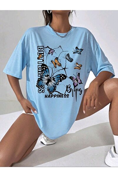 caxis تي شيرت نسائي أزرق فاتح مقاس كبير مطبوع عليه السعادة الفراشة
