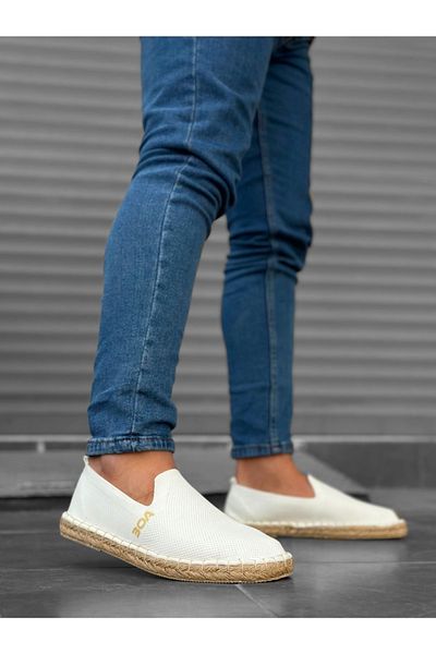 BOUIS Men's White Handmade Straw Sole Flat Comfortable Knitted Knitwear Sports Casual Espadrille Shoes Sneaker