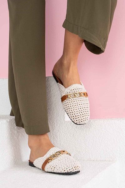 New Optimal Estelya Chain Belted Embroidery Detailed Slippers White