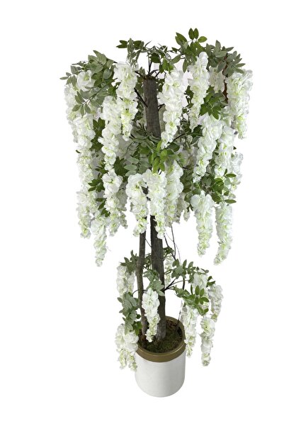 Cihan Çiçekçilik Beyaz Sümbül 180 Cm Yapay Ağaç 303x30 Gold Kemerli Krem Saksı