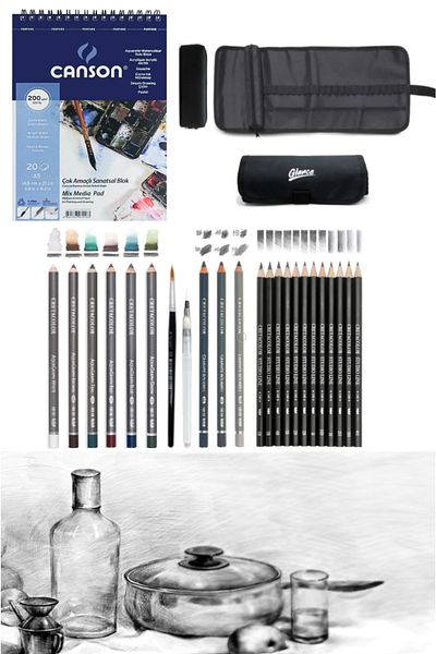 GLANCE Canson Notebook A5 200 gr Cretacolor 6-Piece Aquarell Waterable Brushed Roller Pen Holder Sketch