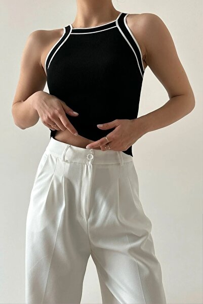 manolyabutik Bluză crop pentru femei, contrastantă, negru și alb, cu guler ha...