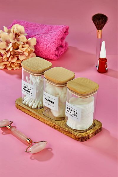 FBZhome 3 τεμαχίων Mica Ear Cotton Βαμβακερό μακιγιάζ Βαμβακερό Organizer με Ξύλινη βάση 250 ml Κουτί αποθήκευσης