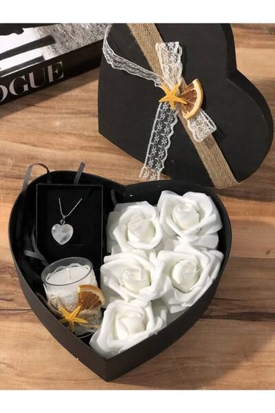 Masalsı Concept Çiçek Süslü Kalp Kutuda Doğal Taş Kolye Ve Süslü Mum Anneme E...