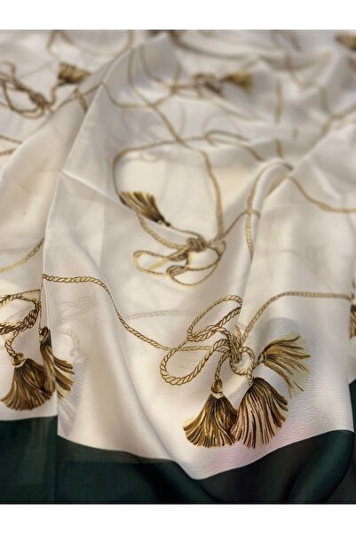 QUEEN AKSESUAR Εισαγόμενη μάρκα μόδας Πολυτελές κασκόλ Σάλι Κάλυμμα κεφαλής Αλυσίδα με μοτίβο φούντας Μεταξωτό ύφασμα 90x180 Λευκό χρυσό