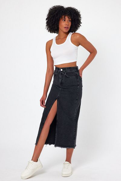 VivaJoy Fusta maxi din denim cu talie înaltă, gri închis, antracit