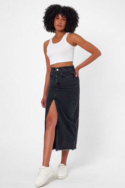 VivaJoy Fusta maxi din denim cu talie înaltă, gri închis, antracit