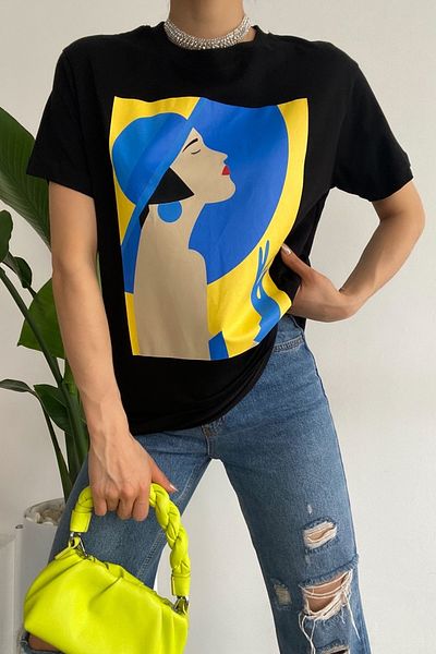 FEMELLE Tricou de damă negru cu gât cu imprimeu 100% bumbac