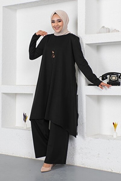 Genel Markalar Kolyeli Yırtmaç Detaylı Takım Siyah