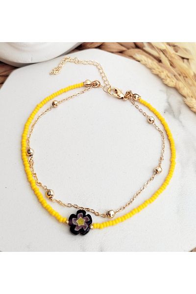 HALHALMILL Yellow Dried Rose Flower Muranolu Ball Chain Anklet