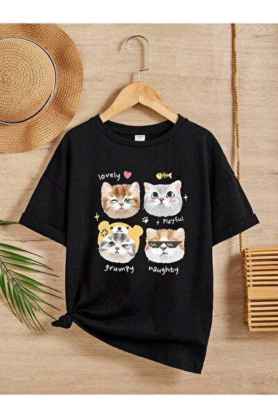 Keywest Kids Black Cat Emoji Printed Oversize Crew Neck Children's T-shirt