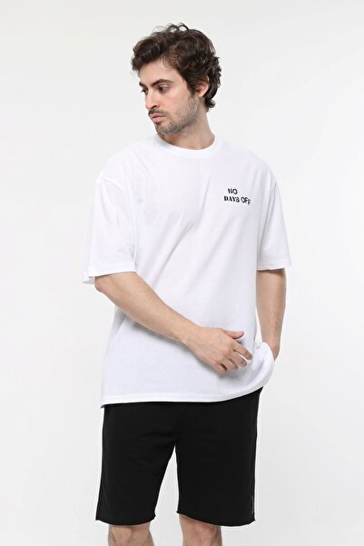 defys Tricou oversize cu mânecă scurtă, cu decolteu, cu imprimeu, alb