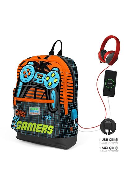 Coral High Rucsac pentru școală pentru copii, gri portocaliu, cu model, cu patru compartimente, cu port USB 23846