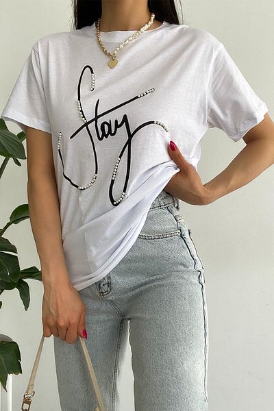 FEMELLE Tricou alb din bumbac brodat cu mărgele, cu gât turnat