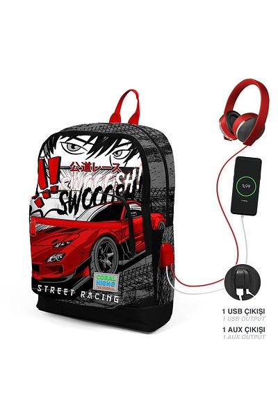 Coral High Rucsac școlar USB cu patru compartimente pentru copii, negru, roșu, anime 23847
