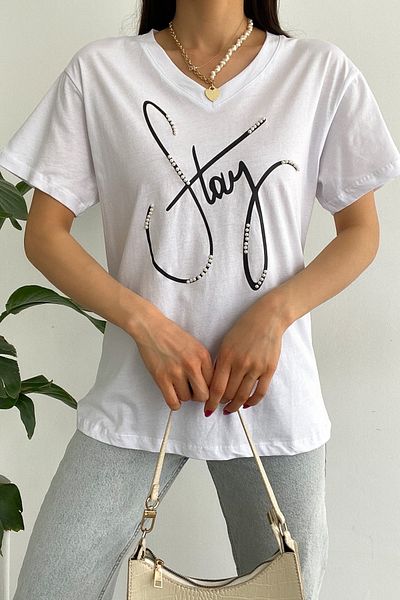 FEMELLE Women's White V-Neck Beaded Embroidered Cotton T-Shirt