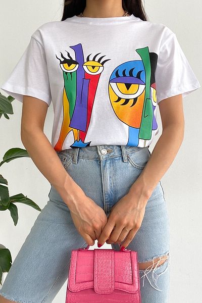 FEMELLE Women's White Crew Neck Printed Cotton T-Shirt