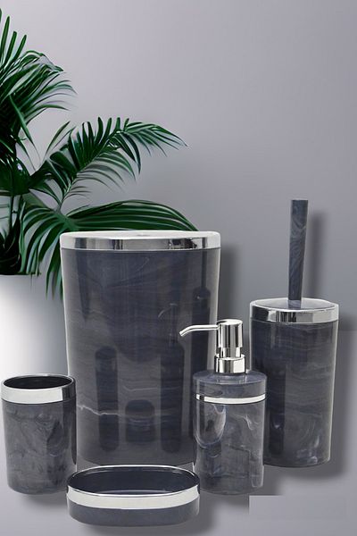 İmera Acrylic Round 5 Piece Marble Pattern Bathroom Set Grey-silver