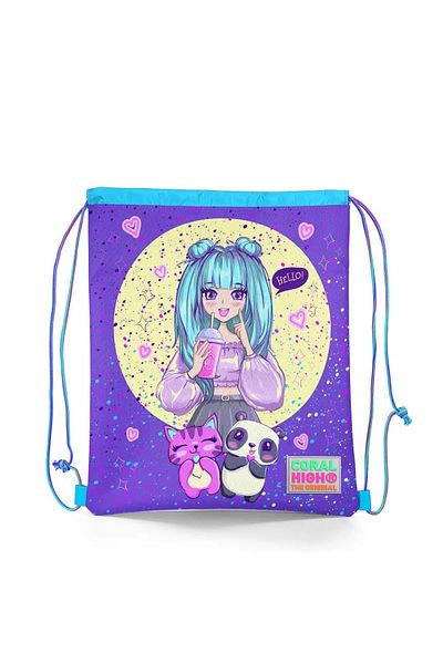 Coral High Purple Pink Anime Patterned Girl Drawstring Drawstring Backpack - 22435