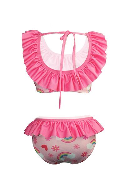 Rs Ramuni Girl's Swimsuit Ruffle Bikini Rainbow Patterned Digital Printed Sea Pool Swimsuit