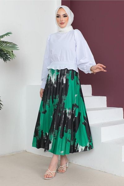 benguen 4553 Πράσινη φούστα Hijab με πλισέ σχέδιο