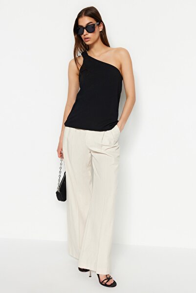 Trendyol Collection Μαύρη κανονική εφαρμογή μονόχειρη πλεκτή μπλούζα κρεπ TWOSS23BZ00957