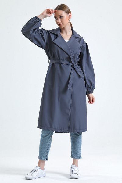 MD trend Women's Gray Double Pocket Balloon Sleeve Belted Trench Coat