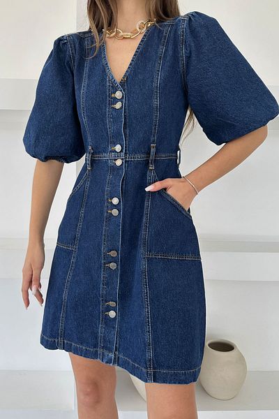 Seda Yalçın Atelier Rochie scurtă din denim cu mâneci cu balon